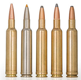 Some current .270 Wby. Mag. loads include (from l. to r.): Weatherby 130-gr. TSX, Federal Premium 130-gr. Trophy Tip, Weatherby 130-gr. Spitzer, Weatherby 150-gr. Nosler Partition and Norma USA American PH 150-gr. Oryx