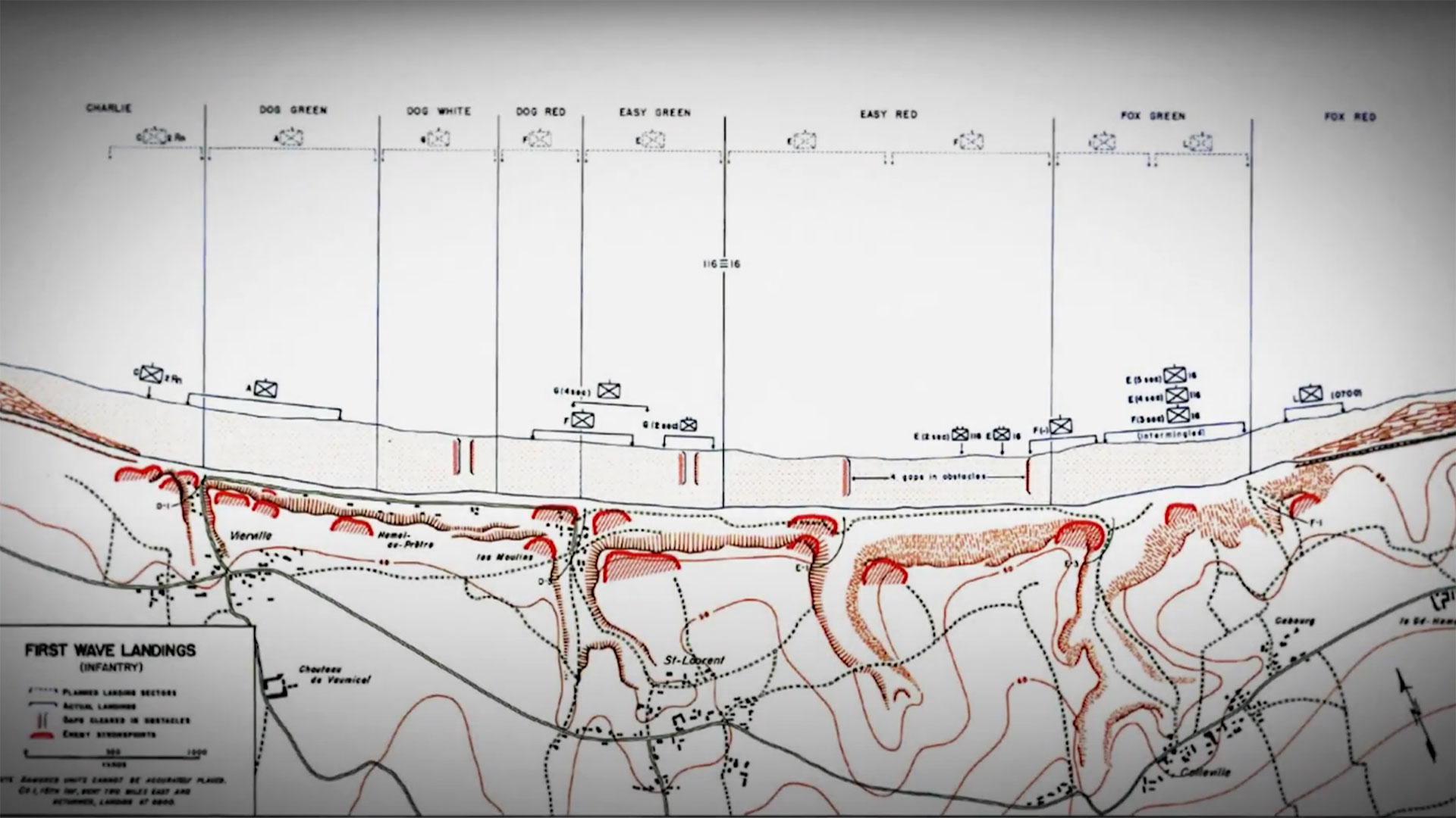 A map showing the sectors and German defensive positions along the five mile stretch of "Omaha" beach.