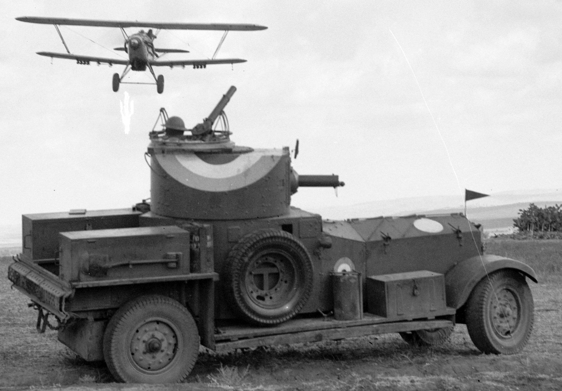 The RAF played an important role in the British intervention—the RAF sent two groups of “Car, Armoured, Rolls Royce Type A” cars to Palestine.  The RAF armored cars featured the standard Vickers MG (.303) in the turret, along with a Lewis gun in a rotating AA mount.  British light bombers were quickly airborne to interdict Arab attacks and did so nearly fifty times during the revolt.  Library of Congress