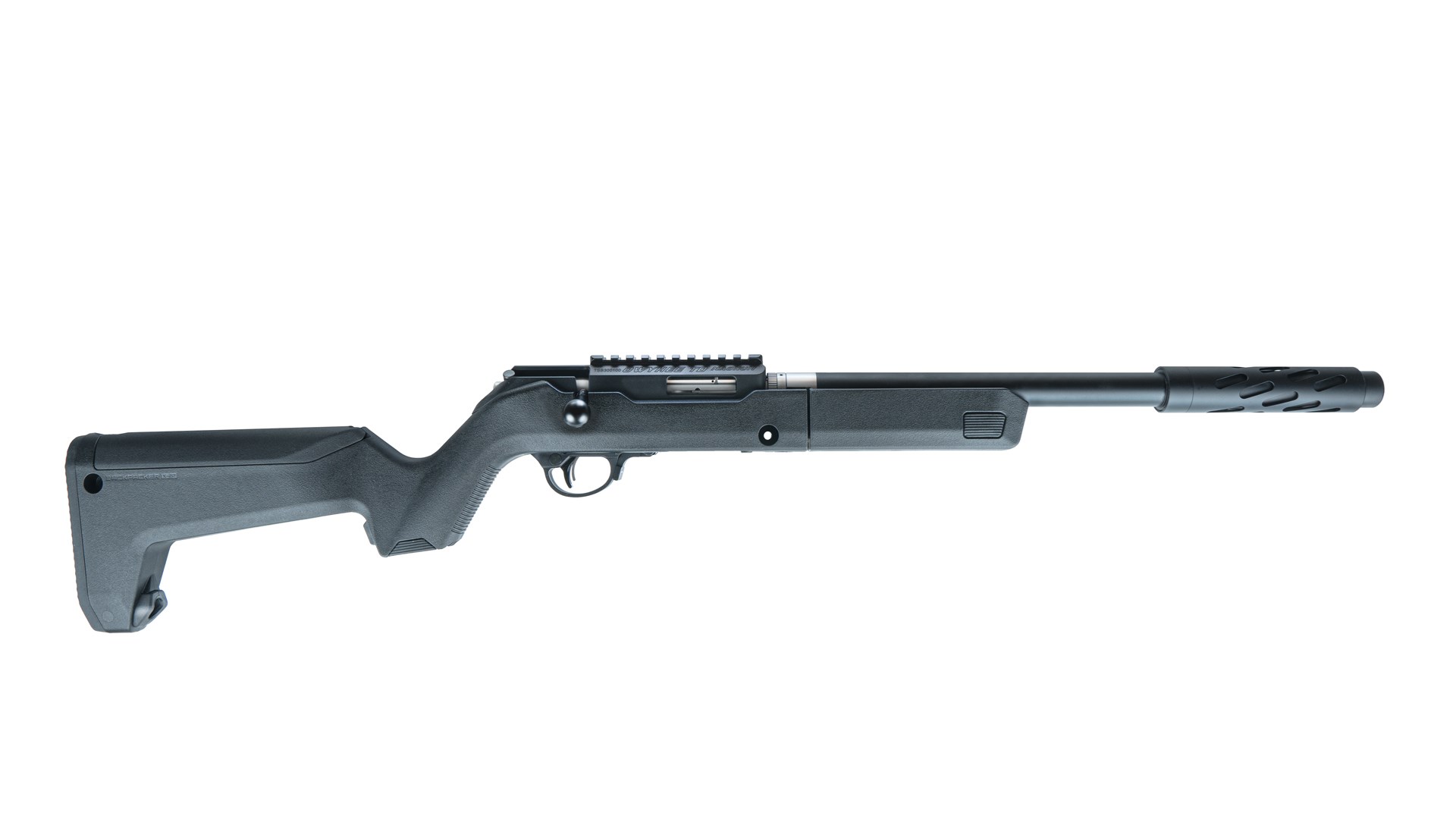 Right side of the Tactical Solutions Owyhee Magnum SBX model, complete with suppressor shroud.