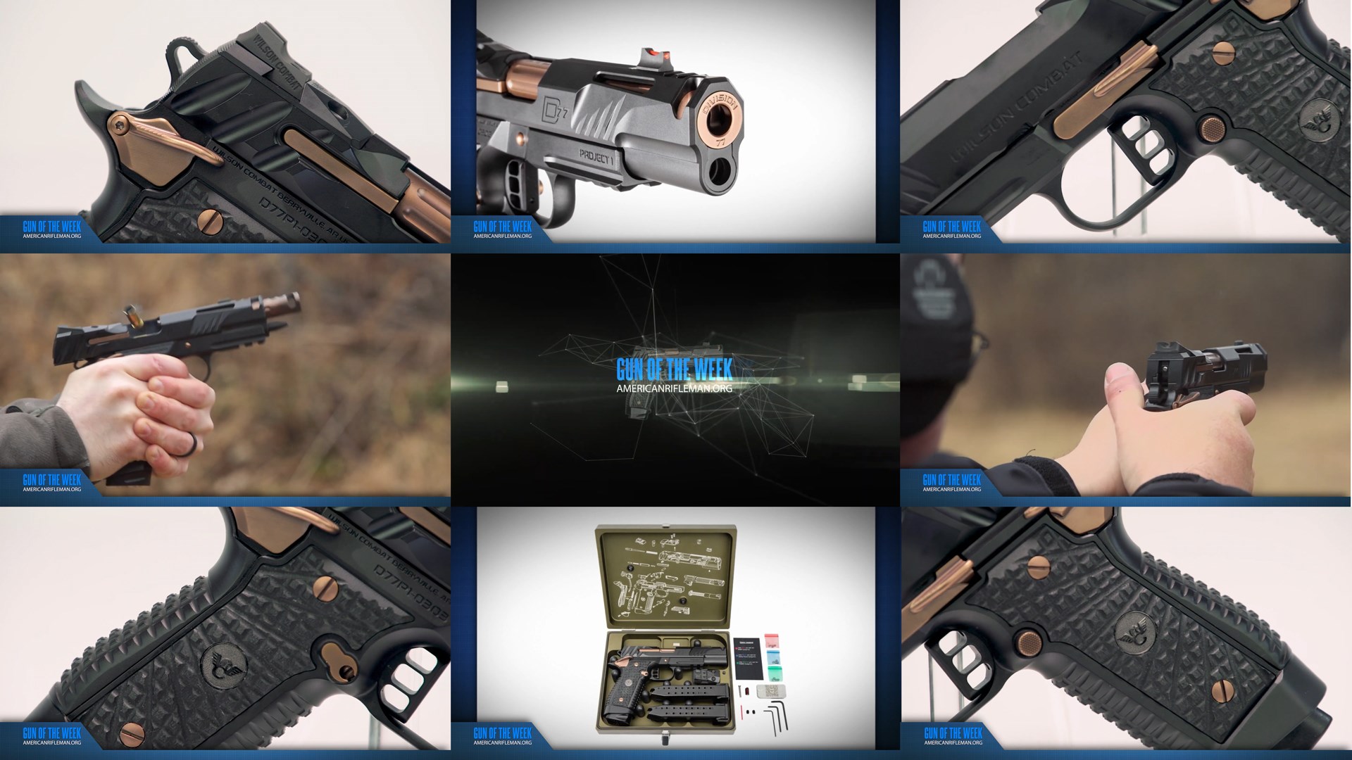 AMERICAN RIFLEMAN GUN OF THE WEEK WILSON COMBAT PROJECT 77 text on mosaic tiles 9-image arrangement closeup of 9 mm pistol men shooting