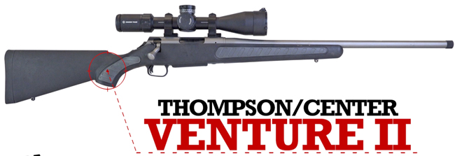 Right side of rifle with stainless steel barrel, black stock, black scope on white background with text saying Thompson/Center Venture II.