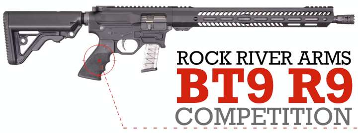 Right-side view of Rock River Arms BT9 R9 Compeition black carbine shown on white background with text on images noting make and model.