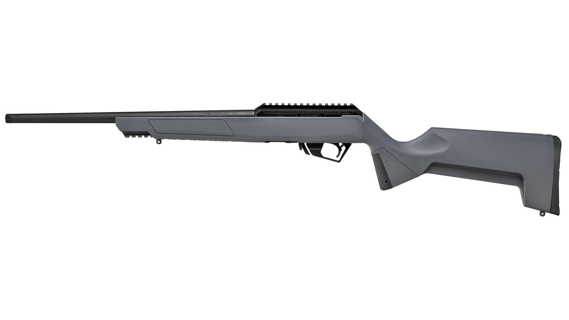 Left side of the gun metal gray colored Savage Arms RXR22 stock.
