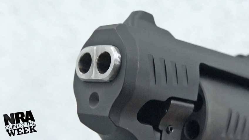 Double barrel muzzle view revolver