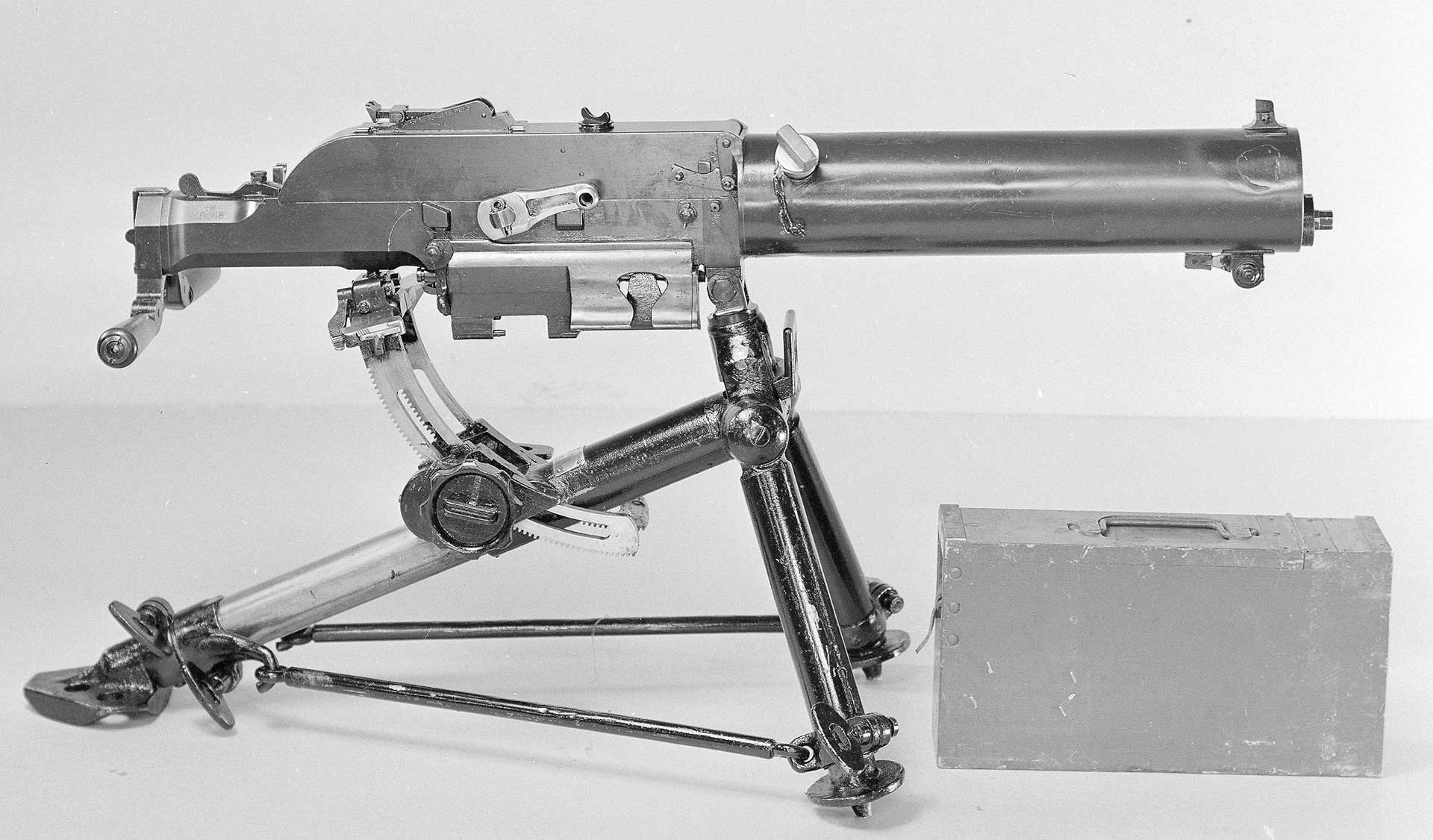 Right side of a Schwarzlose machine gun in a black-and-white period photograph.