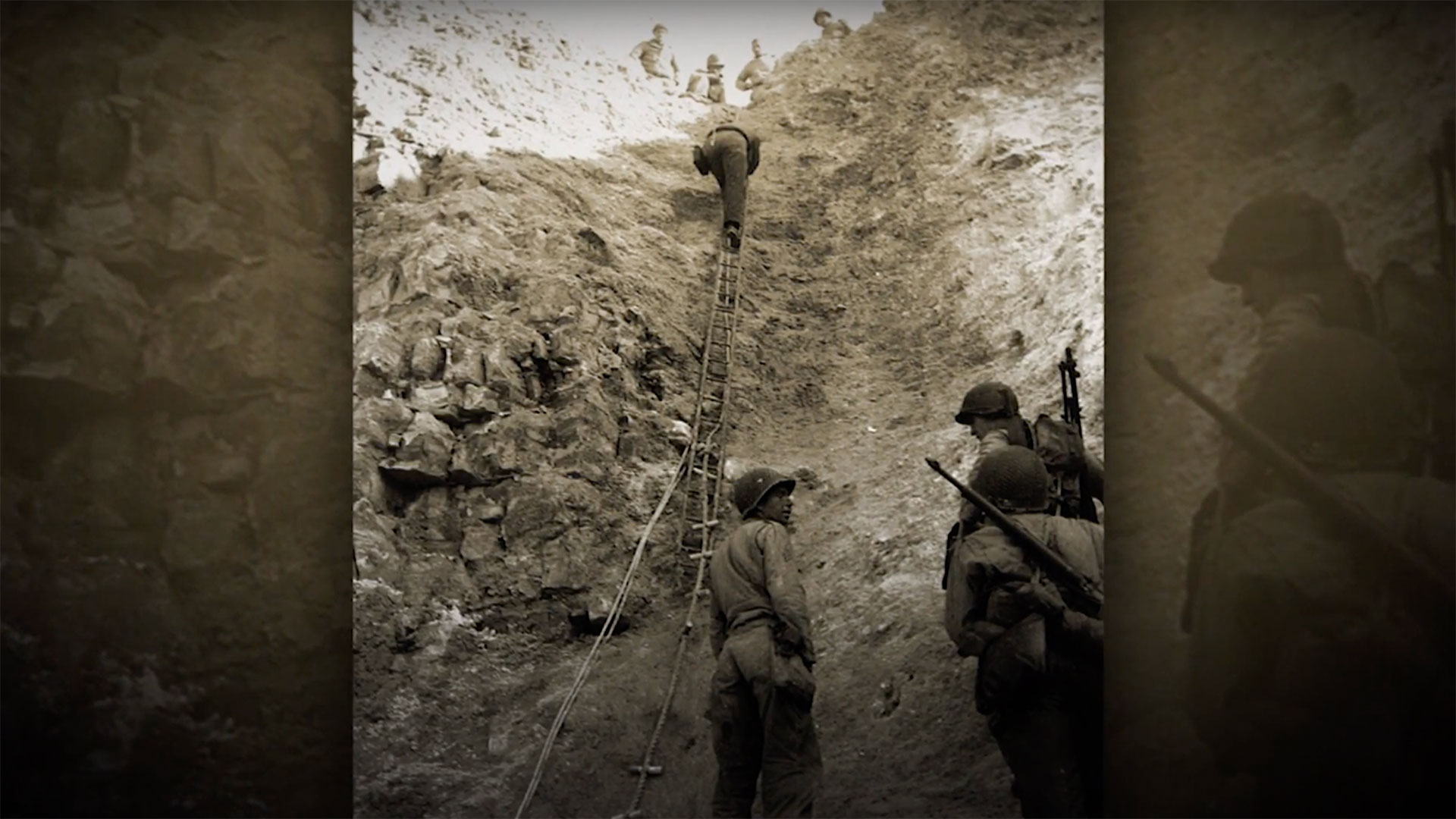 A view of the climb the U.S. Rangers had to make up the bluffs of Pointe du Hoc as seen from the beach below.