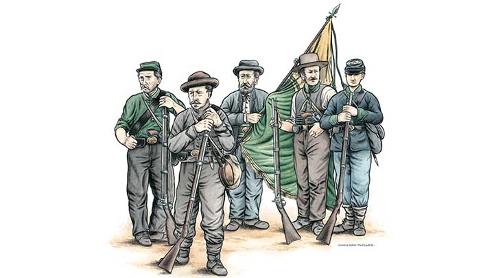 The Fenians were dressed in a combination of civilian attire, Union Army uniforms, Confederate Army uniforms and Irish green. Painting by Christophe Mueller, courtesy of the Company of Military Historians.