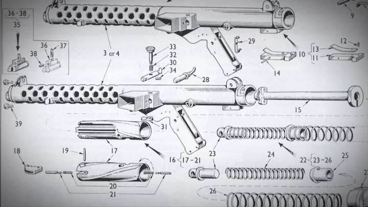 Exploded-view parts drawing of L2A3 Sterling SMG.