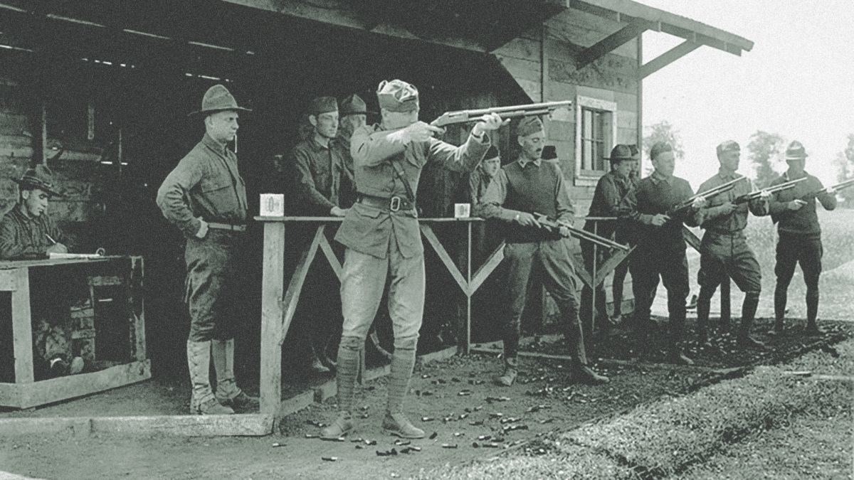o	One of the few, if not only, picture of a "Trench Gun" in use overseas during WWI - in this case being used on a firing line for either training or recreation alongside other shotguns not capable of mounting bayonets.