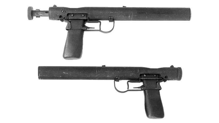 Left- and right-side view on white background of Welrod Mk. 1 pistols.