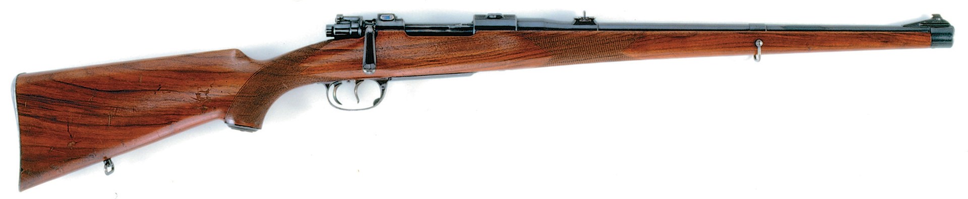 right side of masuer mannlicher bolt-action rifle wood stock