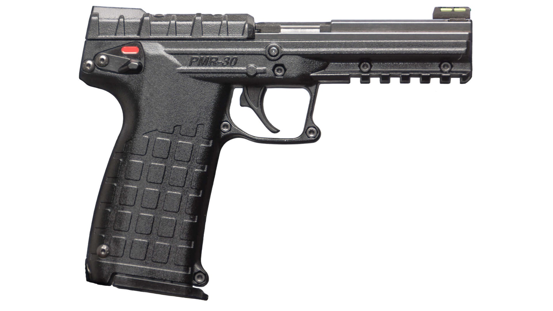 Keltec PMR30 .22 WMR semi-automatic pistol right-side view shown on white handgun with optic-ready slide picatinny rail fiber-optic sights grenade texture grip right-side safety lever red indicator showing