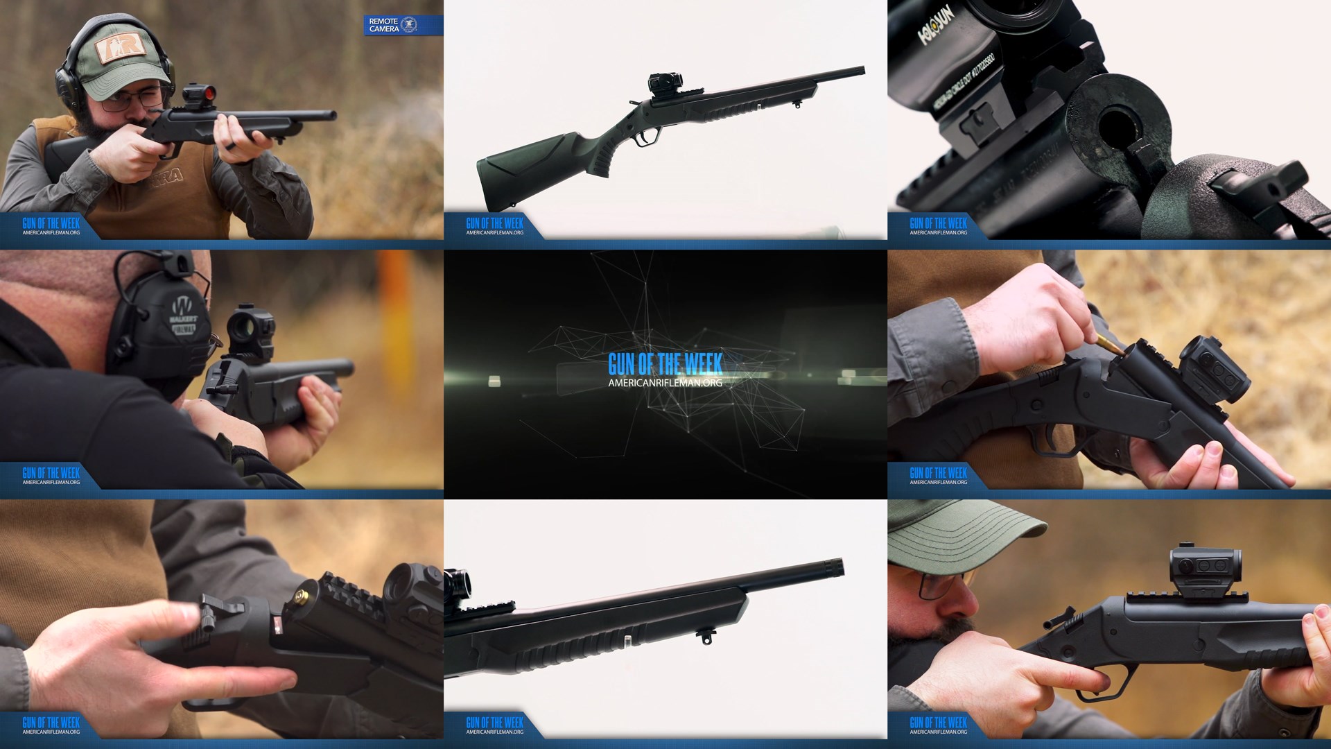 Rossi USA Lightweight Carbine single-shot rifle on shooting range men handling gun details closeup tiles arrangement mosaic 9 images GUN OF THE WEEK text center