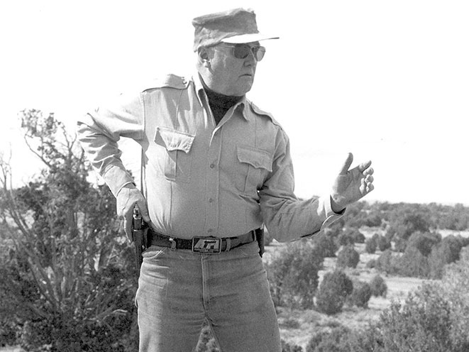 Jeff Cooper demonstrating a pistol draw at Gunsite Academy using his 1911.