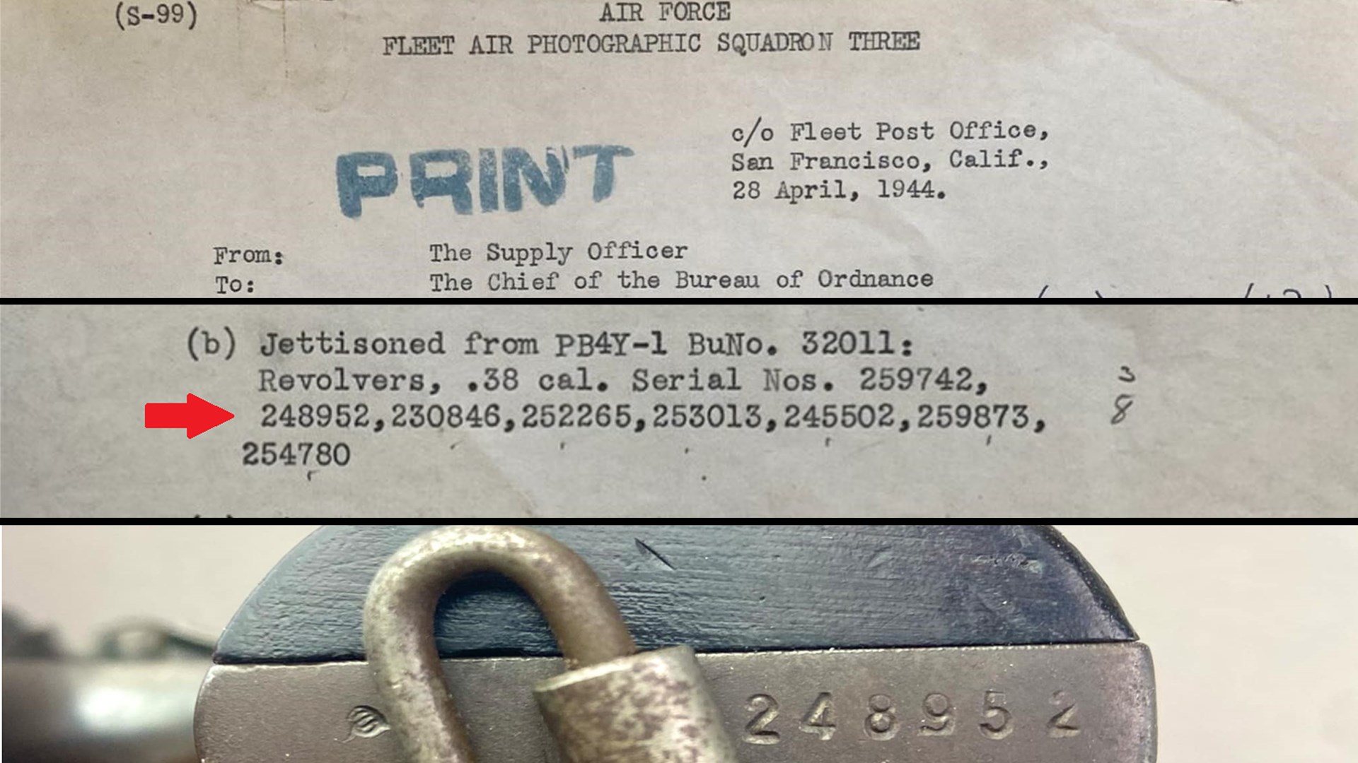 Bureau of Ordnance document April 28, 1944 listing .38 caliber revolver 248,952 being jettisoned from PB4Y-1 aircraft BuNo. 32011