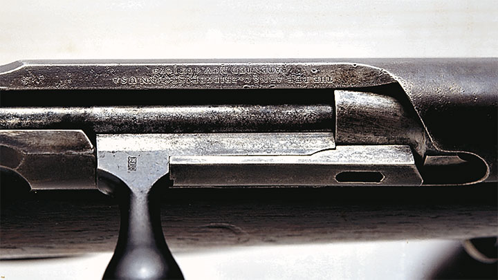 A closer view of the marking on the receiver of a Model 1879 Remington-Lee U.S. Navy contract rifle.