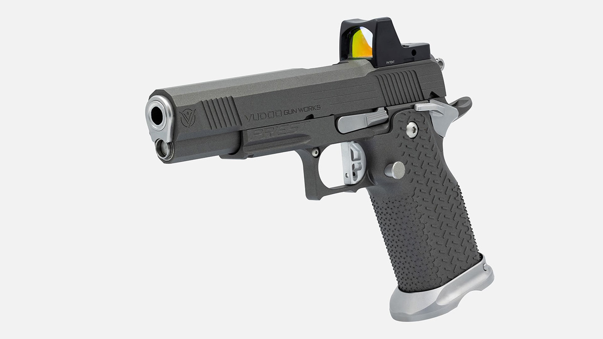 The left side of the Vudoo Priest pistol, shown with gray accents and a red-dot optic mounted on its slide.