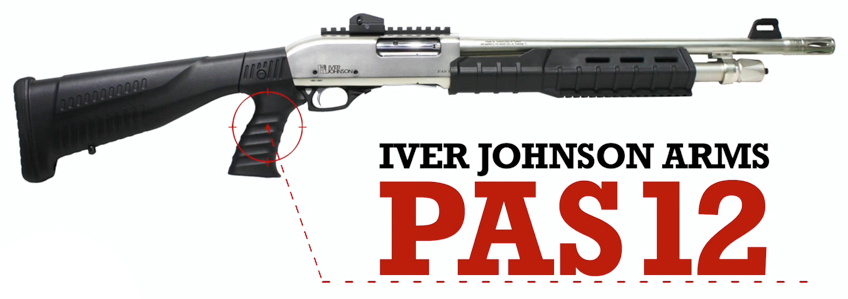 right side shotgun silver barrel steel black plastic text on image noting Iver Johnson Arms PAS12