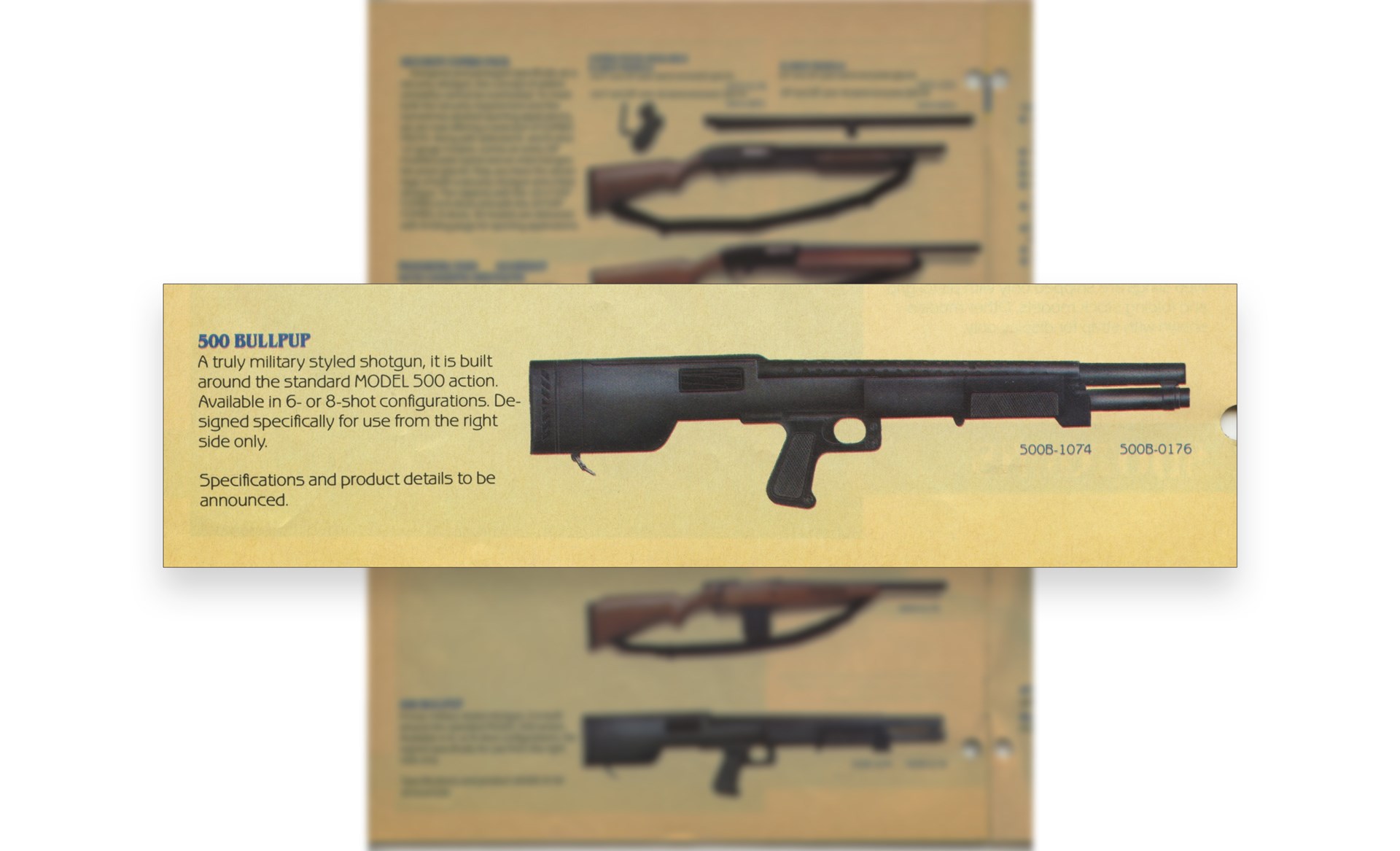 1985 Mossberg product catalog excerpt showing pump-action shotguns Model 500 Bullpup