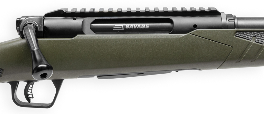 close-up rifle receiver green stock black metal