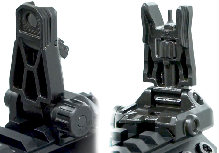 Front and rear Magpul MBUS Pro fli-up sights on white background