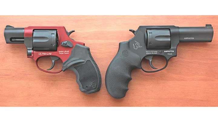 The 2&quot; barreled Taurus 856UL with colored framed on the left compared with the new 3&quot; barreled Defender 856UL.