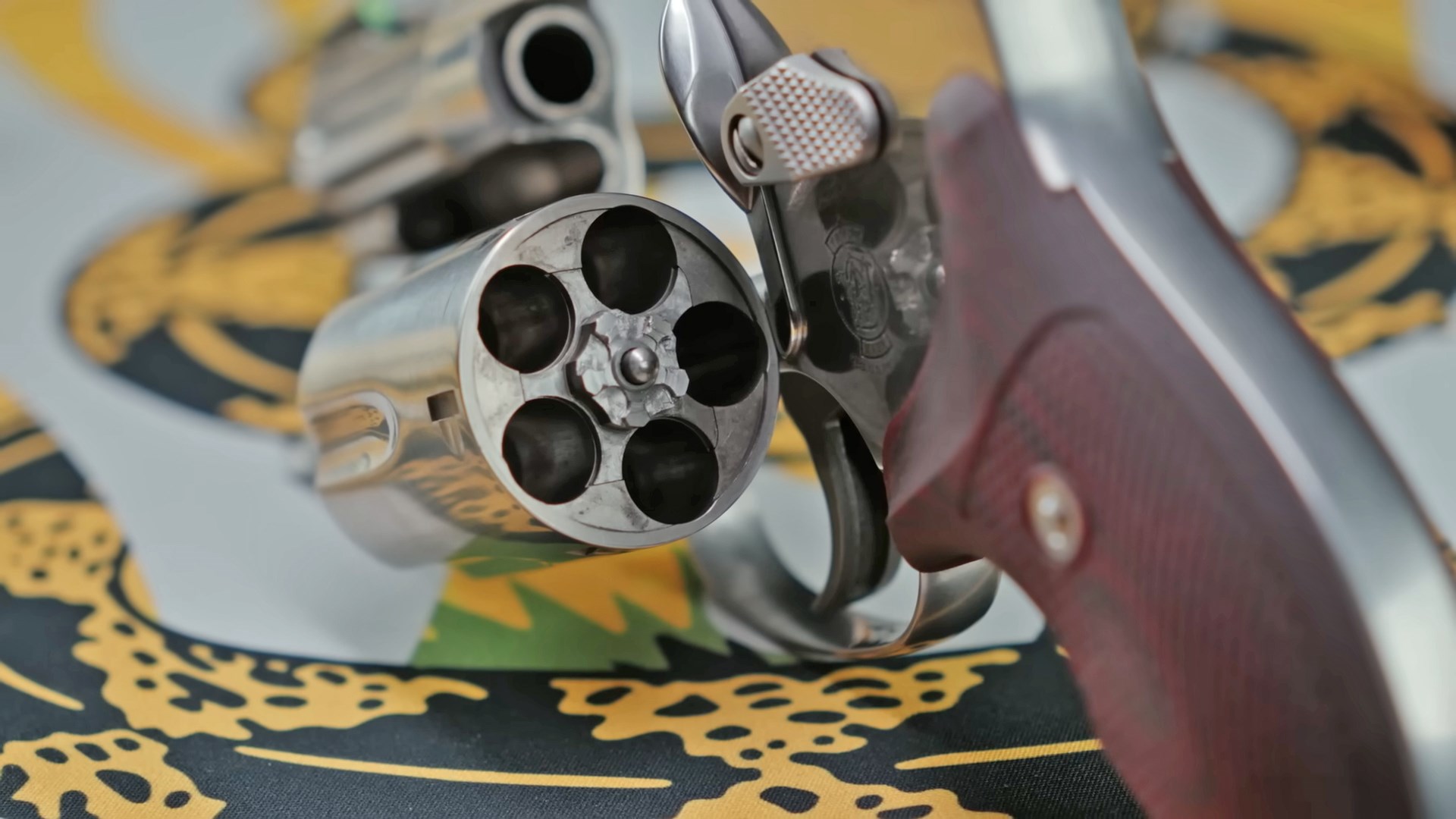 Rear view of the open cylinder of the Smith & Wesson 940 revolver.
