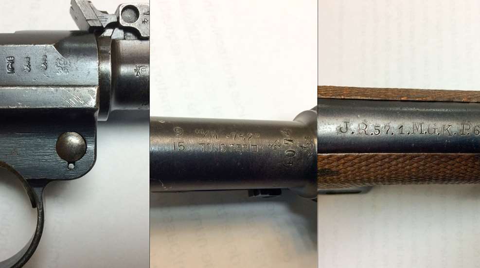 Luger pistol handgun parts upclose detail markings steel barrel gun