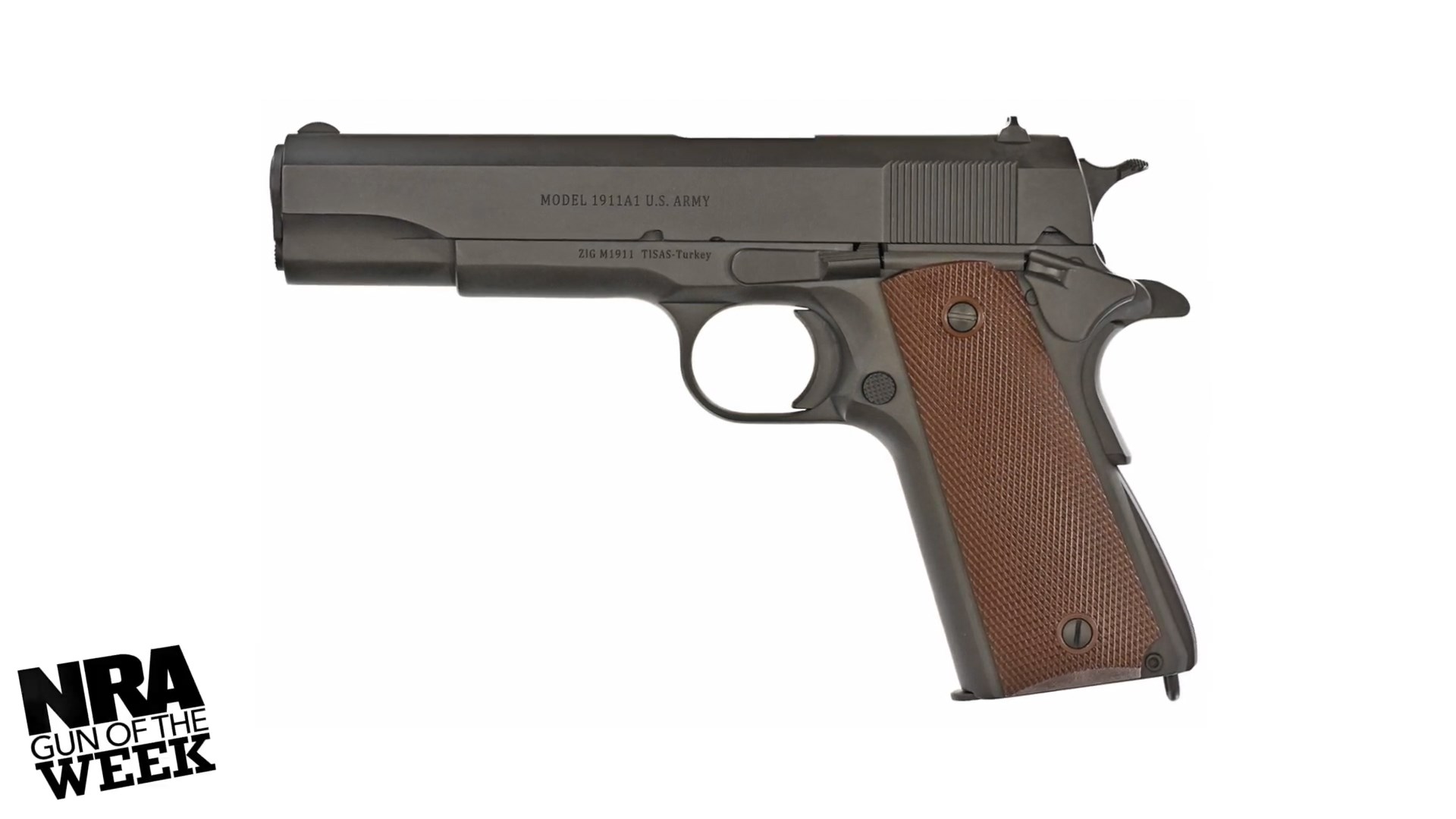 Tisas 1911A1 pistol left-side view on white with text overlay bottom left NRA GUN OF THE WEEK
