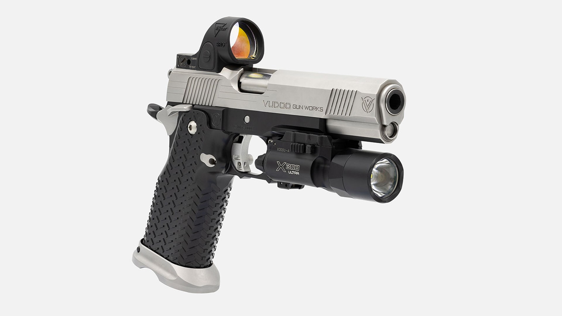 Right side of the Vudoo Priest double-stack pistol, shown with a light mounted to its frame and a red-dot optic on its slide.