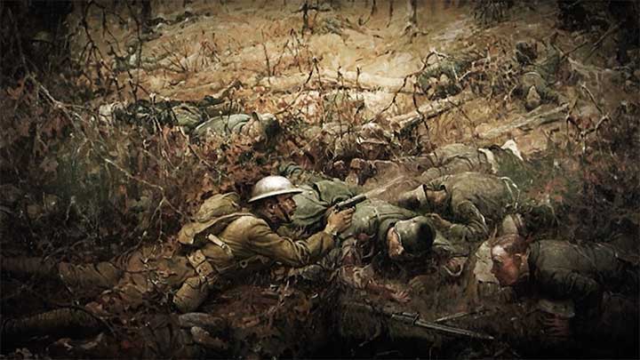 A painting depicting Alvin York dispatching the Germans who attempted a bayonet charge against him.