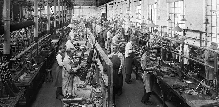 FN Shipped its first Auto-5 to Browning in 1903, and basic production ceased in 1978. A few special Auto-5 runs were produced later. Shown here is Auto-5 assembly at FN during the 1930s.