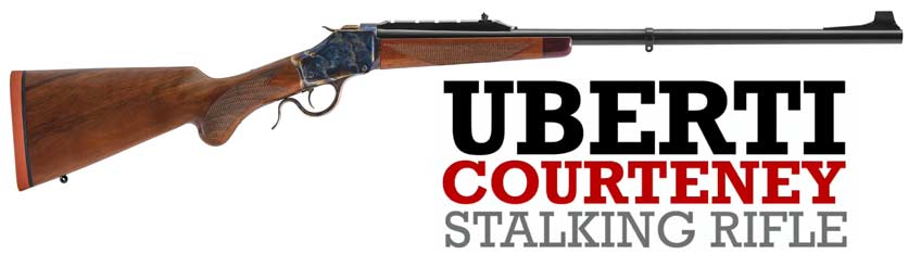 Rifle right side wood stock metal black steel text on image noting make and model &quot;uberti courteney stalking rifle&quot;