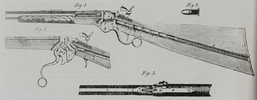 spencer's tubular buttstock magazine illustration cutaway view christopher miner spencer inventor lever action rifle falling block rifle