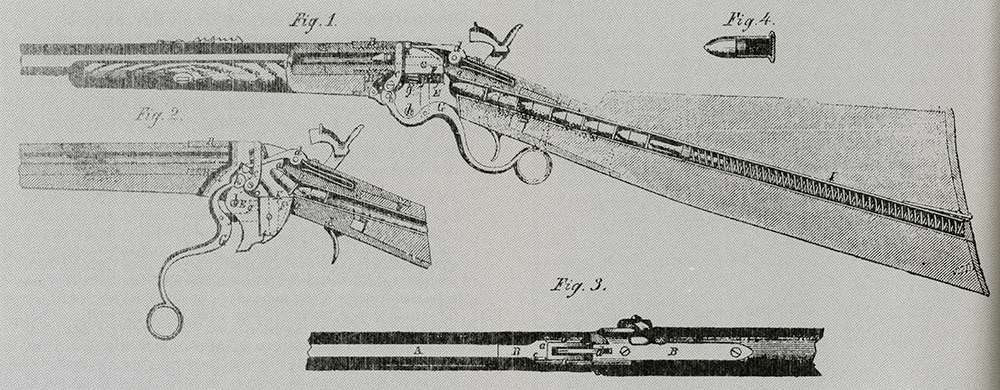 Spencer’s tubular buttstock magazine illustration cutaway view christopher miner spencer inventor gun lever-action falling block rifle