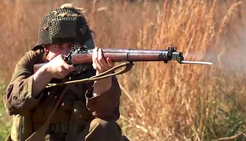 A Modern Reenactment of a British 1st Airborne Trooper firing his No.4 MkI Lee Enfield.