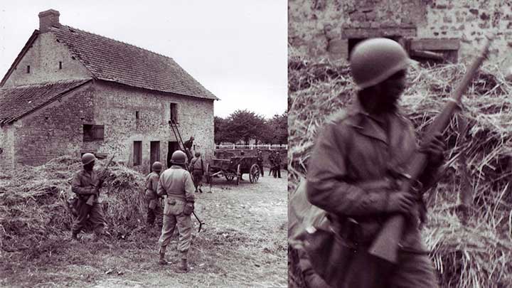 Soldiers from the 320th Barrage Balloon Battalion are seen here hunting a German sniper at a farmhouse in St.-Laurent-Sur-Mer in Normandy on June 10, 1944. The man at left is armed with an M1903A3 rifle.  (National Archives and Records Administration/U.S. Army Signal Corps 111-SC-332023).