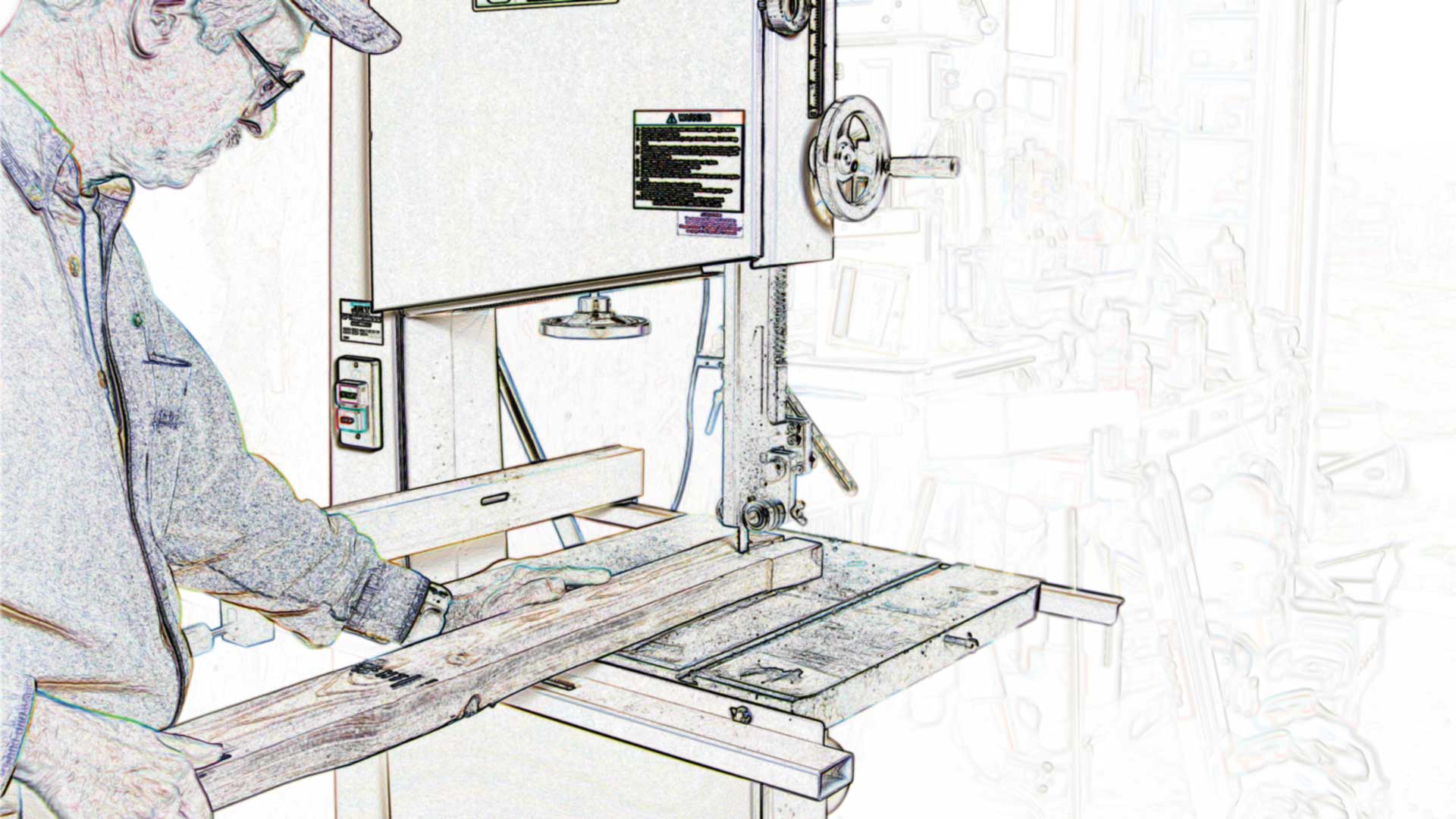 rendering drawing image man workshop saw bandsaw tools wood cutting