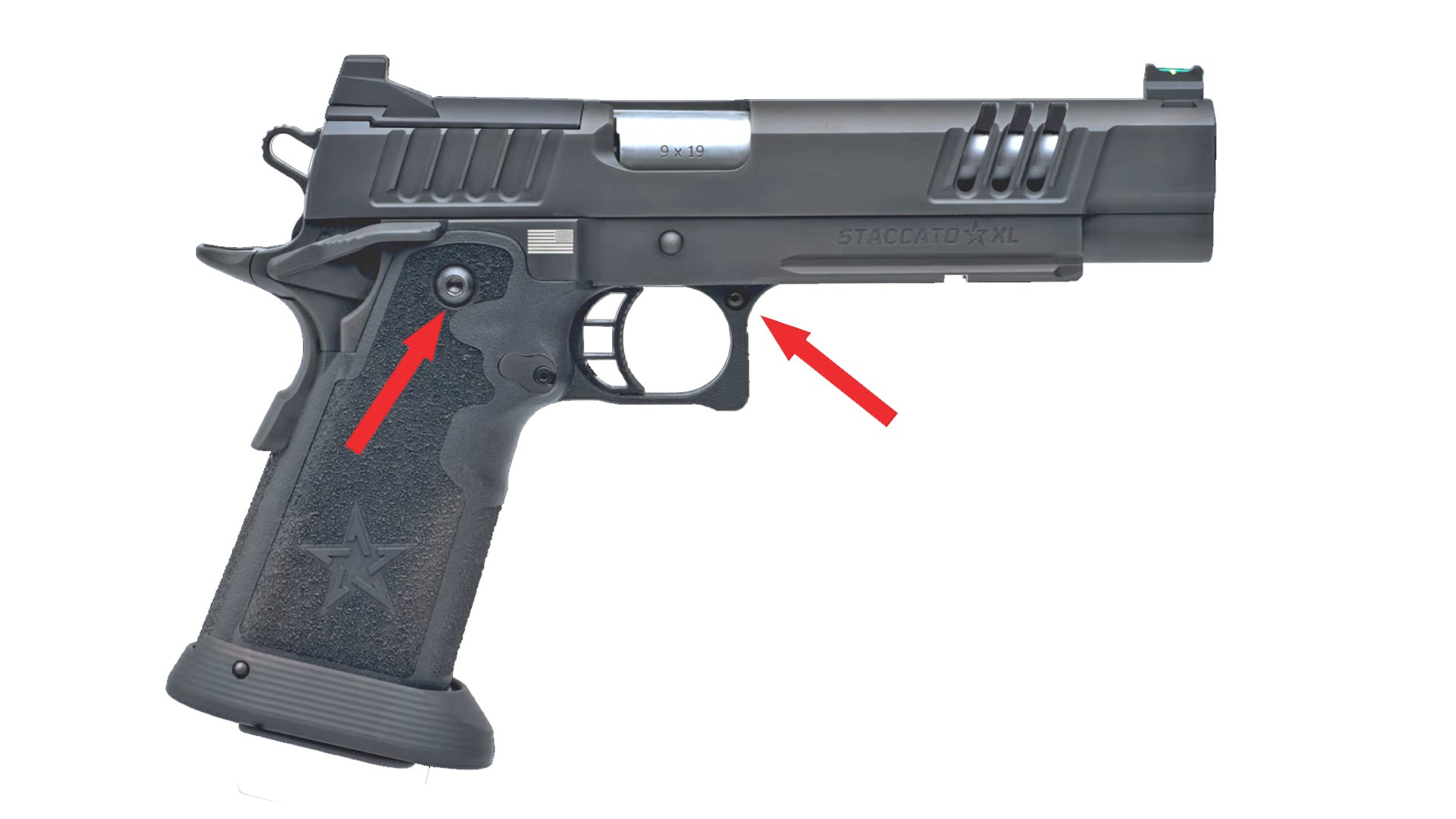 Right-side view of Staccato 2011 XL pistol shown with arrows pointing to screw points