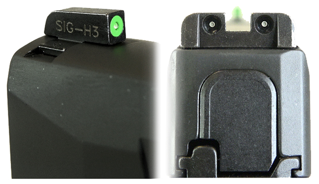 SIG Sauer P365 XL night sights with front sight on left and rear sight on right showing three-dot arrangement