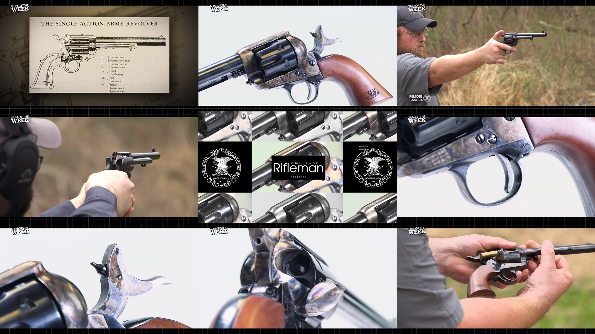 Cimarron Firearms Model P peacemaker colt single action army revolver tiles 9 images mosiac arrangement outdoors closeup man shooting gun