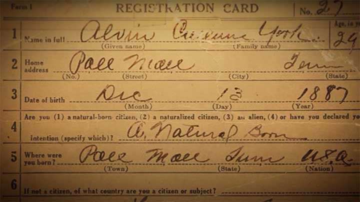 Alvin York&#x27;s draft registration card.