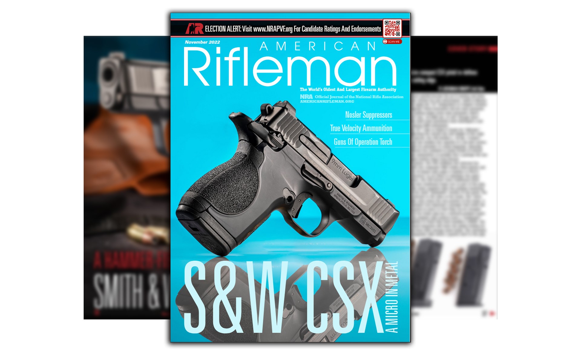 Magazine cover American Rifleman S&W CSX pistol shown blue background article blur behind cover