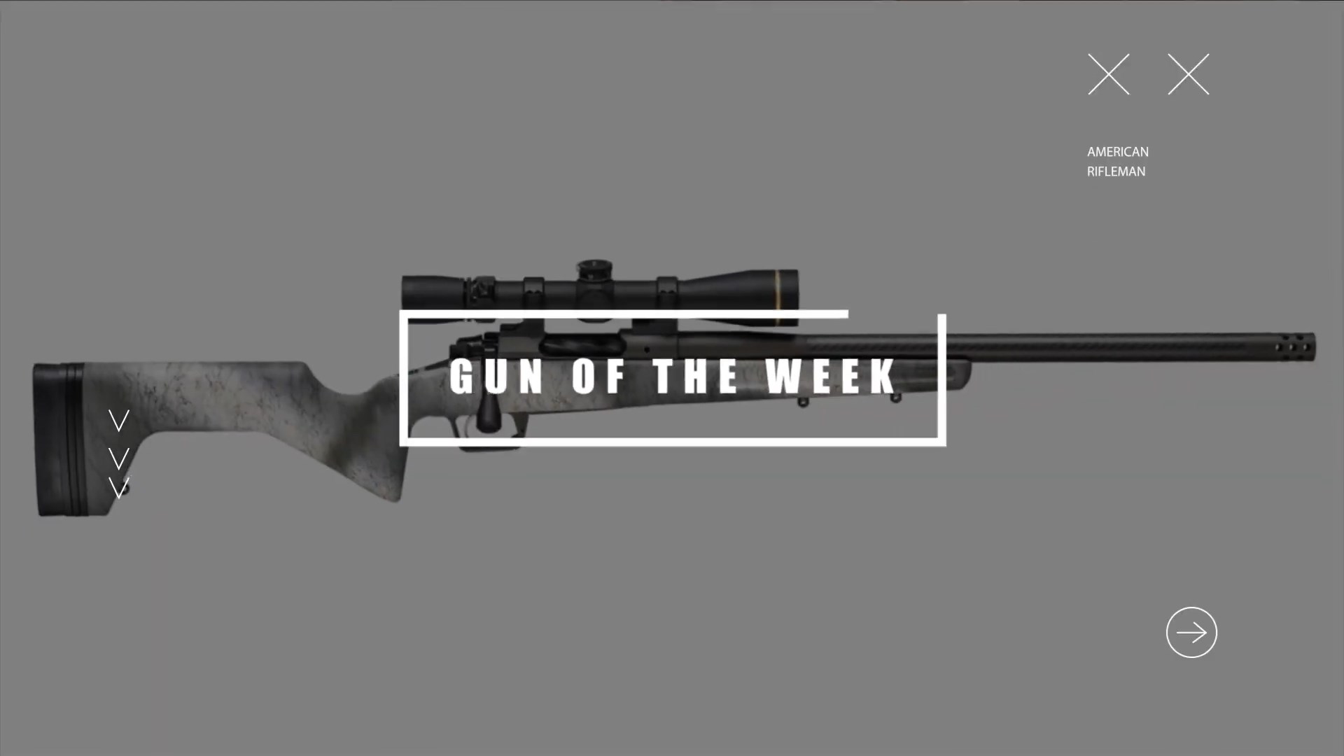 GUN OF THE WEEK text box overlay bolt-action springfield armory model 2020 redline hunting rifle soft focus background words on image AMERICAN RIFLEMAN arrow circles X