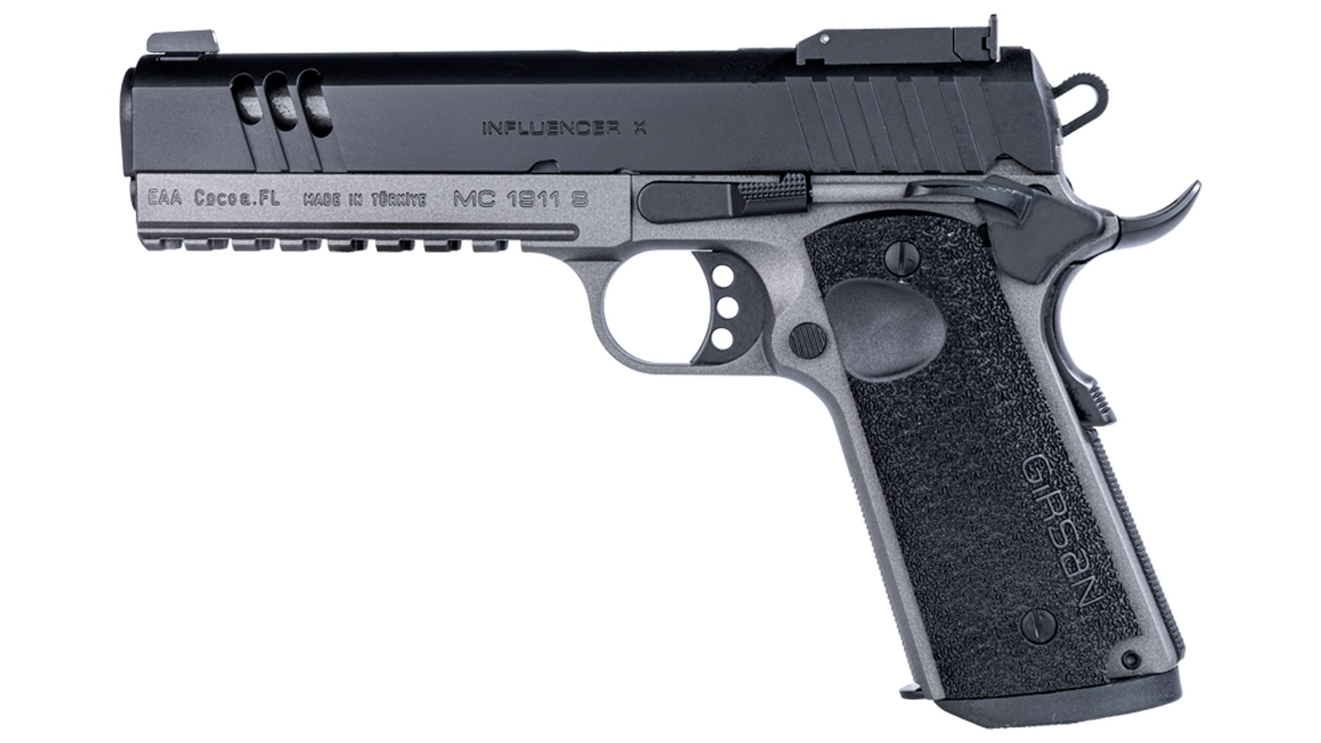 EAA Girsan Influencer X pistol left-side view 9 mm MC1911 two-tone color configuration shown with stippled polymer stocks fully adjutable sight and lightening cuts in forward portion of the steel slide Picatinny rail underside