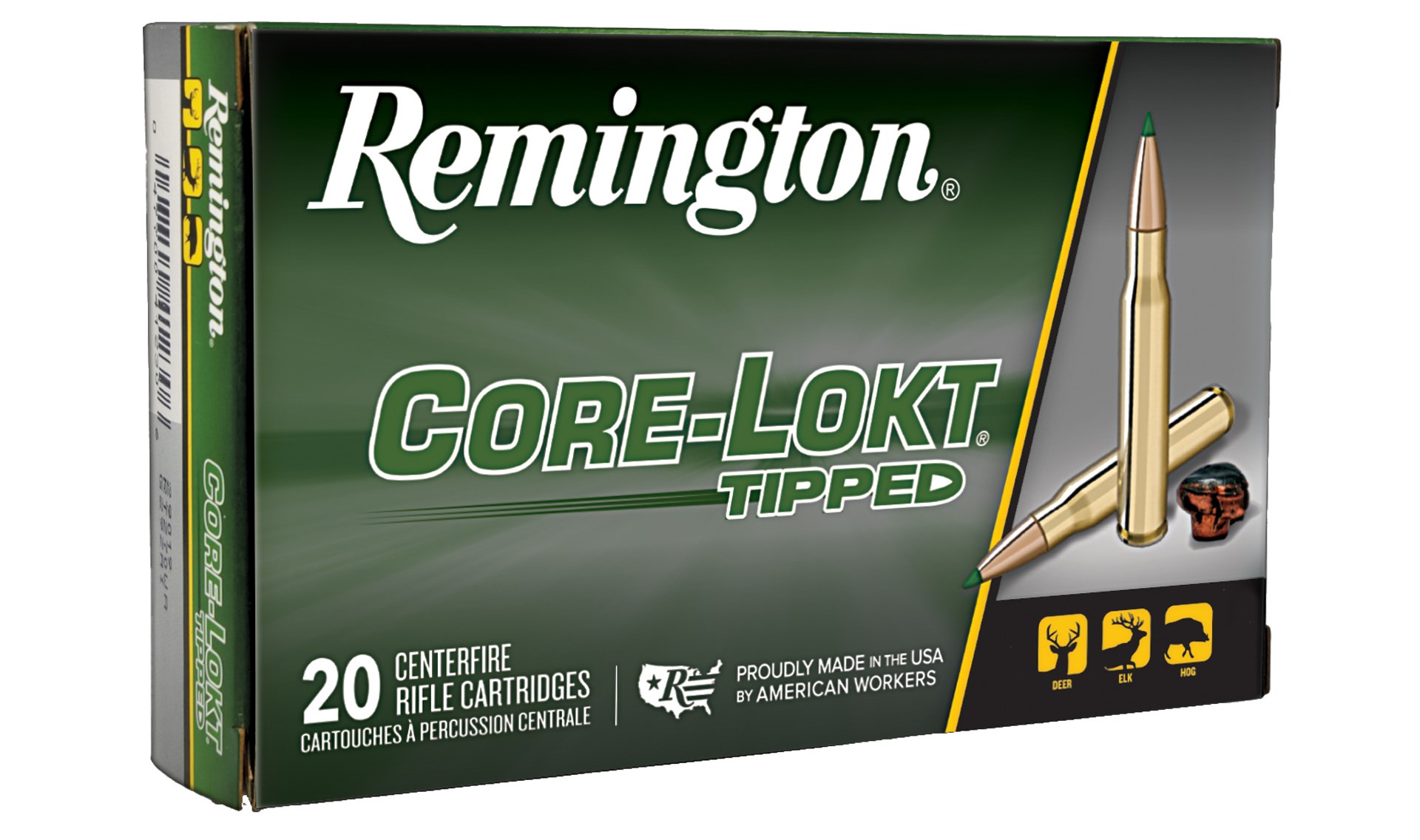 Remington Ammunition Box packaging CORE-LOKT TIPPED bullets ammo green silver brass animals text on image