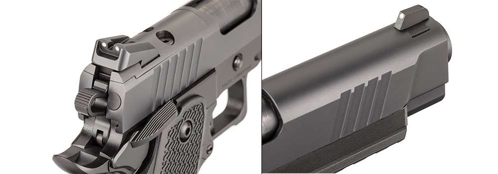 MAC 9 DS rear view on left showing sight hammer safety with image on right detailing slide serrations and front sight
