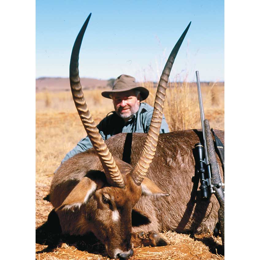 The author is shown here with a South African waterbuck, taken with a Swift  250-gr. A-Frame bullet.