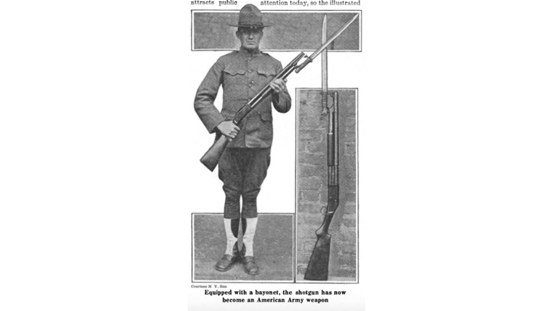 In the spring of 1918 the American press began running stories about the adoption of riot guns with bayonet adapters. This publicity photo, published in May 1918 by the Scientific American, shows a likely stateside soldier holding an M1897 Winchester riot gun with bayonet at port arms.